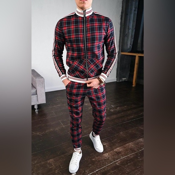 Other - Red Wine Colored Lattice Print Slim Fit Track Suit